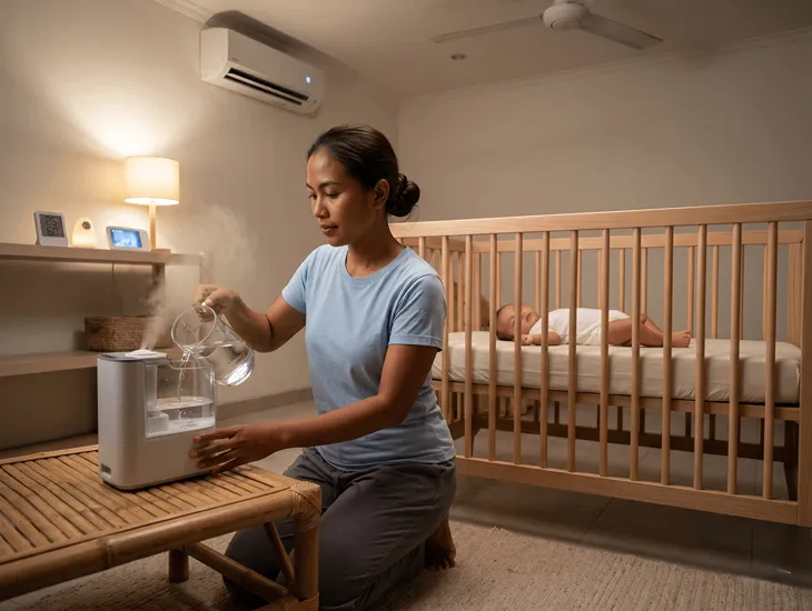 Helping Your Congested Baby 2026 – Babysitter in Bali preparing a cool mist vaporizer