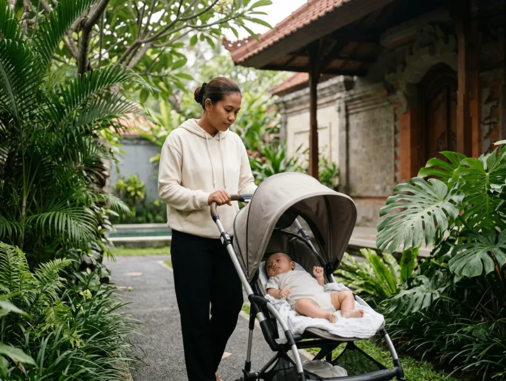 Helping Your Congested Baby 2026 – Babysitter in Indonesia walking a baby in a shaded stroller