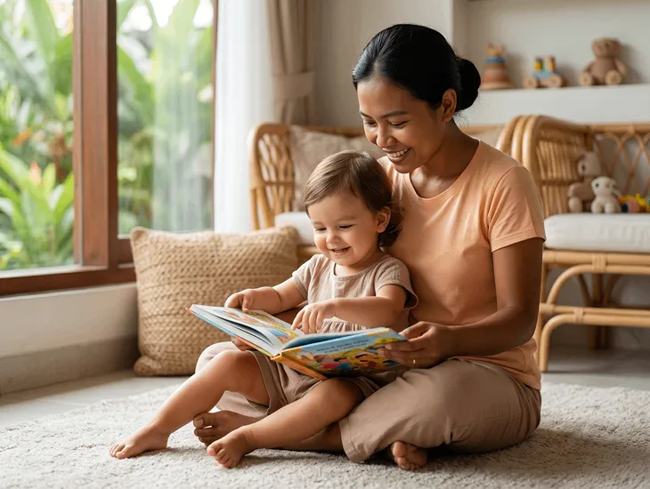 Strong Baby Names 2026 – Babysitter in Bali reading a colorful storybook to a smiling toddler