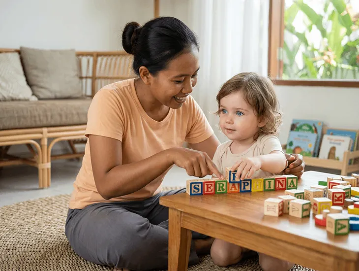 Name Recognition Games 2026 – Babysitter in Bali pointing to alphabet blocks with a child