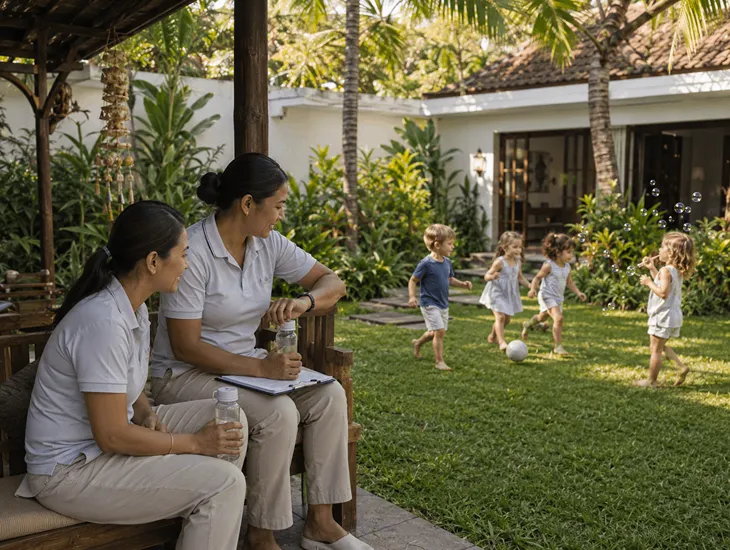 Bali Childcare Team 2026 – Babysitters taking a scheduled break while watching children play