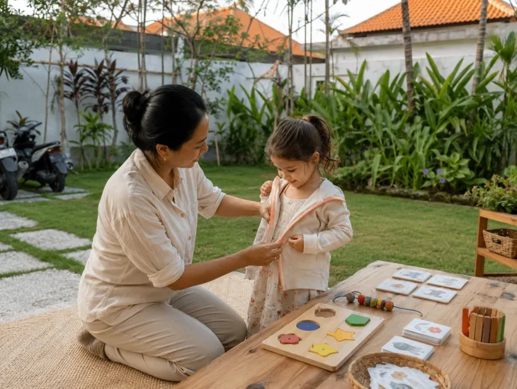 Best Preschool in Bali 2026 – Dedicated professional caregiver playing interactively in a lush Pererenan villa garden
