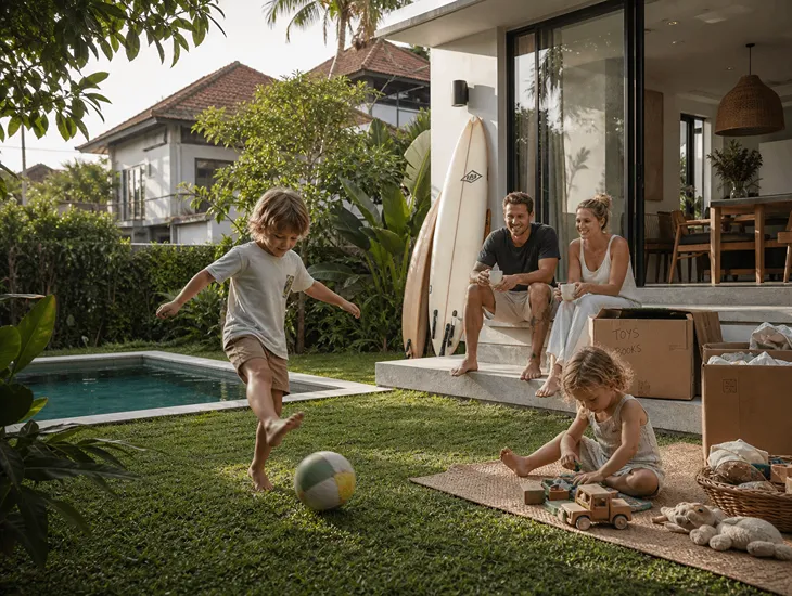 Moving to Bali with Young Kids 2026 – Children playing in a lush residential villa yard