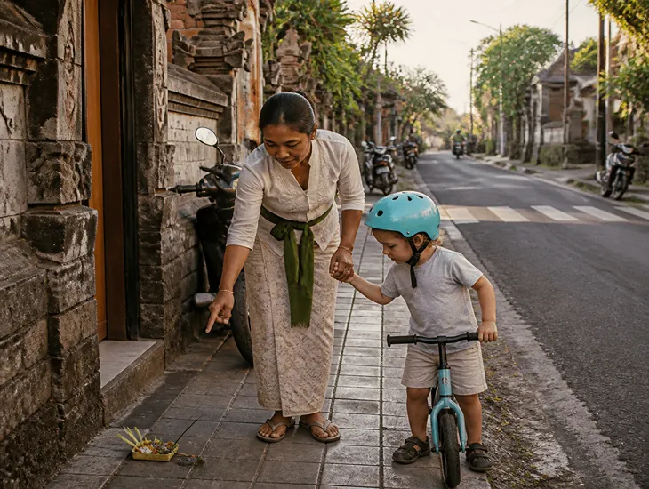 Moving to Bali with Young Kids 2026 – Child learning to respect local offerings with a babysitter