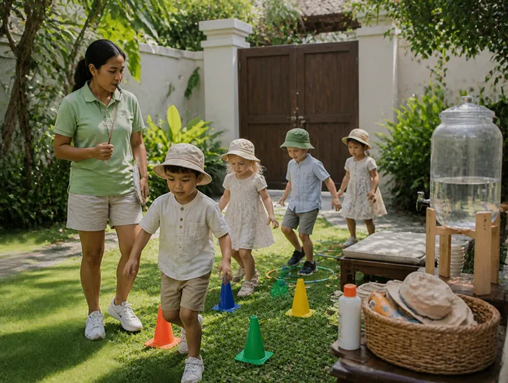 Bali Day Camp Safety 2026 – Caregiver supervising children during a structured outdoor play activity