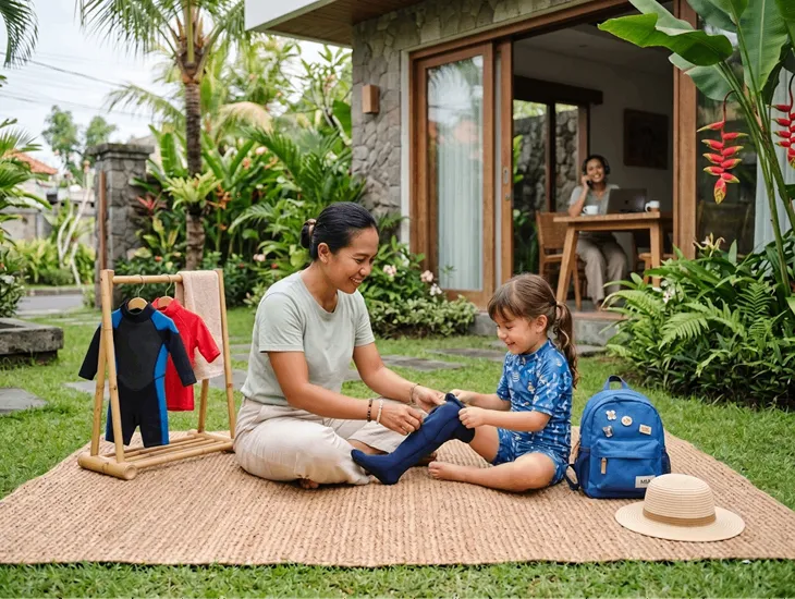 Bali Day Camp Story 2026 – Dedicated professional caregiver playing interactively in a lush Pererenan villa garden setting