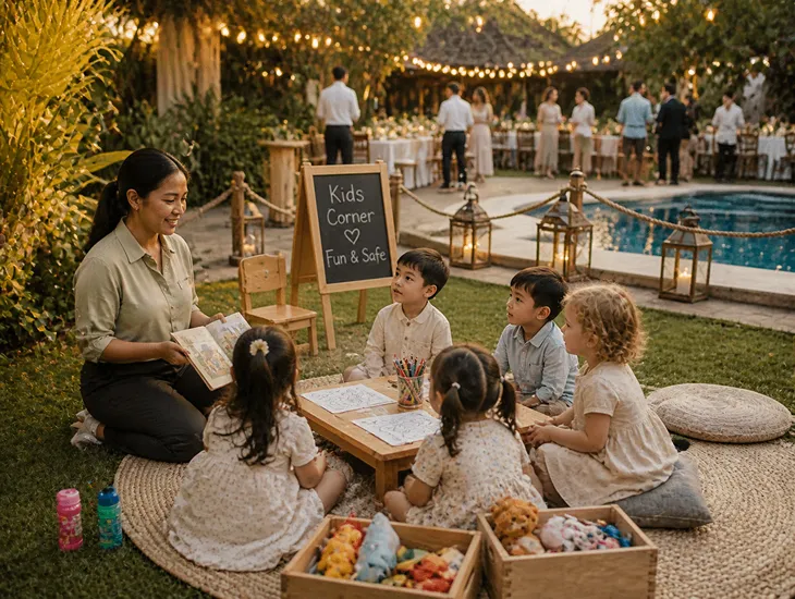 Babysitter in Bali 2026 - Professional caregiver entertaining children at an outdoor wedding event