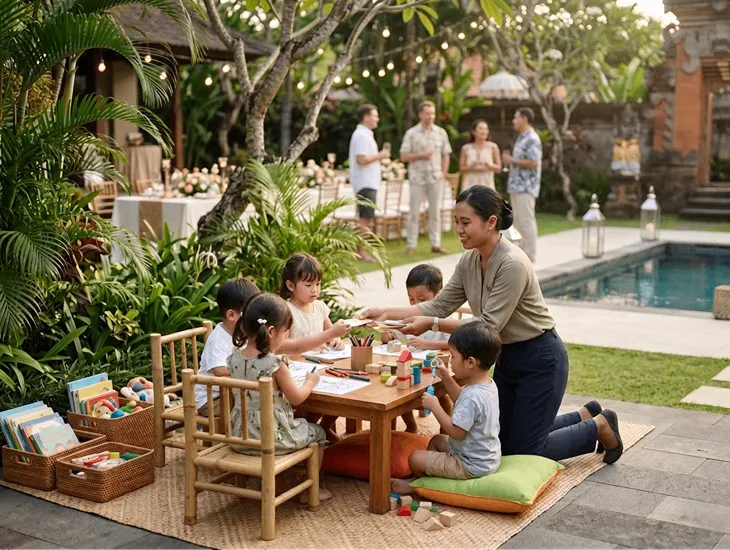 Event Childcare in Indonesia 2026 - Professional caregiver organizing fun activities for young party guests