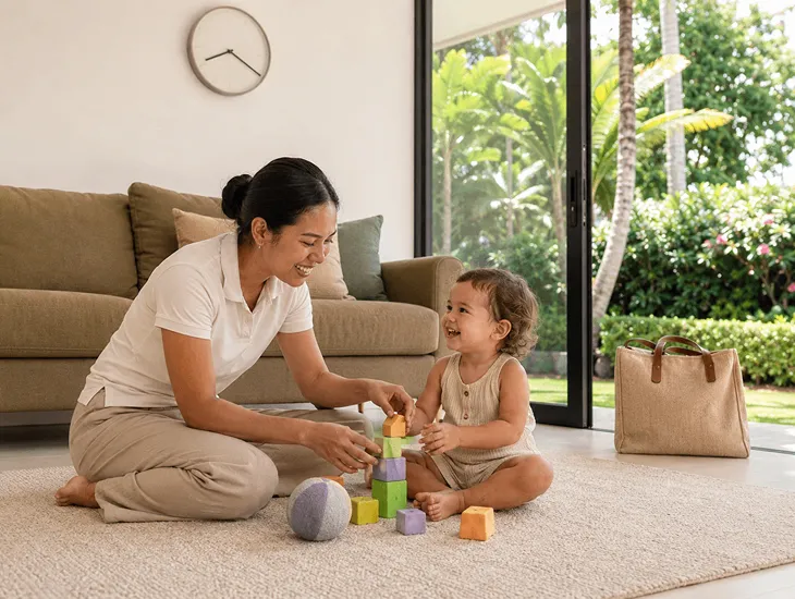 Trusted Babysitters in Bali 2026 – Professional childcare provider playing safely with a smiling toddler