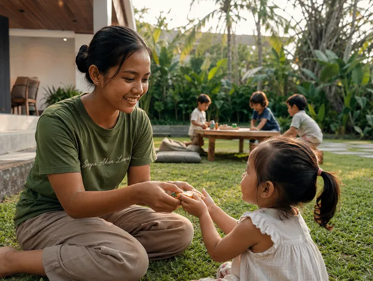 Bali Childcare Team 2026 – Babysitters interacting with children in a shaded villa garden