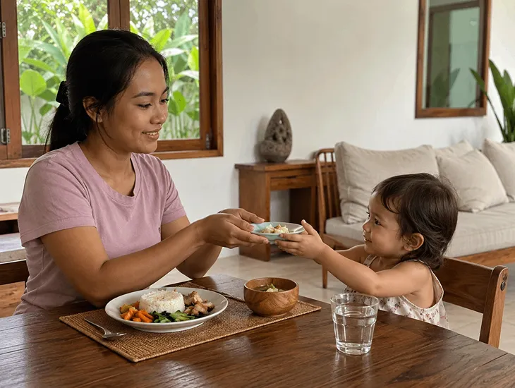 Babysitter in Bali 2026 – Caregiver reinforcing polite mealtime habits with a young child