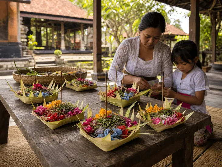 Babysitter in Indonesia 2026 – canang sari offering making with caregivers guiding petal arranging and symbolism