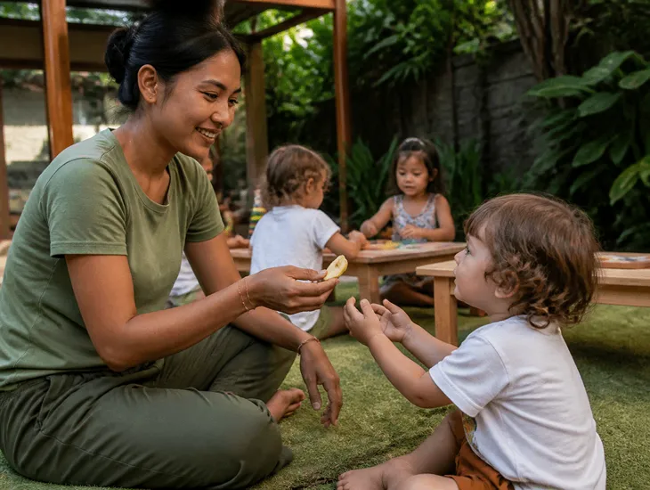 Go-To Sitter in Bali 2026 – Dedicated professional caregiver playing interactively in a lush Pererenan villa garden setting