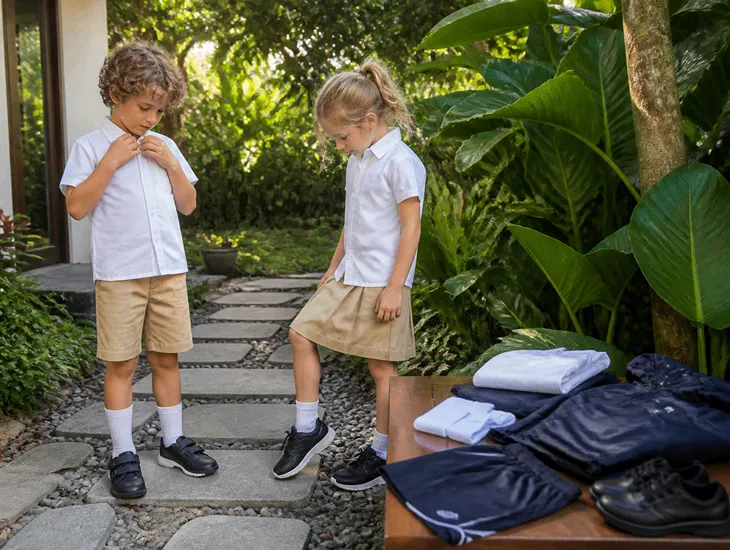 Back to School Checklist in Bali 2026 – Child trying on school uniform in a shaded tropical garden