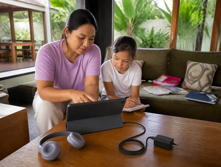 Back to School Checklist in Bali 2026 – Professional caregiver checking a digital tablet for school