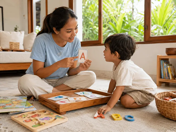 Kindergarten readiness for children in Bali 2026 – Professional caregiver teaching ABCs to a young toddler