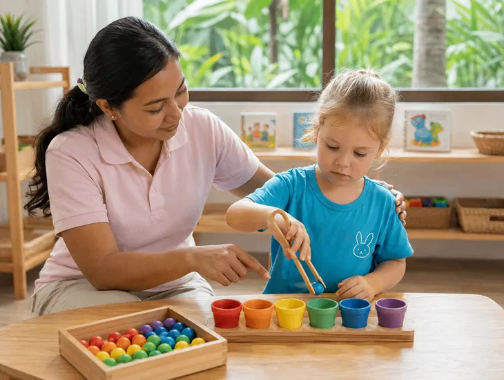 Kindergarten readiness for children in Bali 2026 – Caregiver guiding a child in a structured fine motor activity