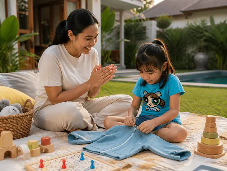 Kindergarten readiness for children in Bali 2026 – Dedicated professional caregiver playing interactively in a lush Pererenan villa garden