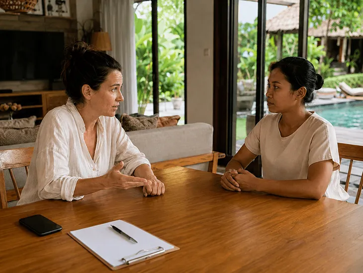 Sitter Communication Tips 2026 – Parent and caregiver having a respectful discussion at a villa table