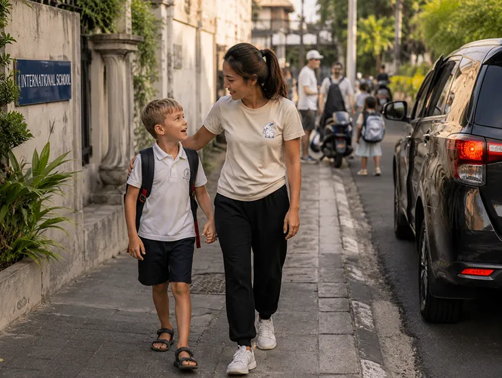 School Transport in Bali 2026 – Babysitter safely assisting student with school pick-up and transport