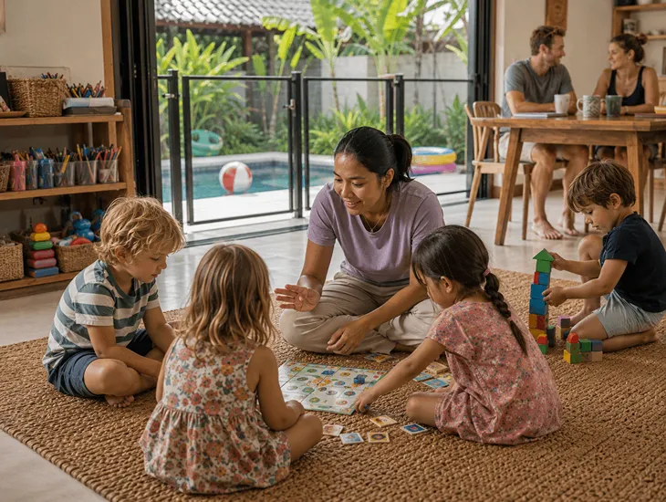 Babysitter in Bali 2026 – Caregiver supervising group play in a safe, structured villa environment