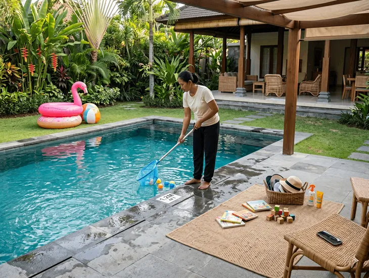 Safety Standards in Bali 2026 – Babysitter performing water safety checks and preparing play areas