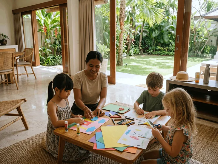 Age-Appropriate Play in Bali 2026 – Babysitter guiding children through an engaging arts and crafts session