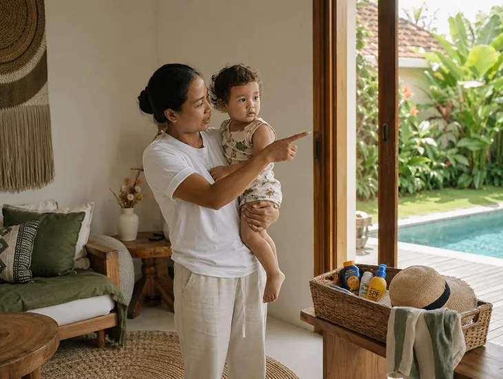 Babysitter Activities in Bali 2026 – Professional caregiver assisting children with safe outdoor play during the peak holiday season