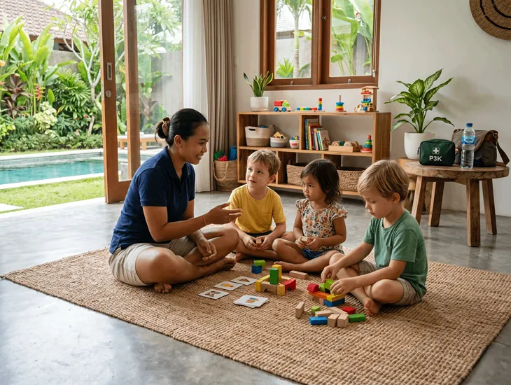 Babysitter in Bali 2026 – Caregiver supervising group play in a safe, structured villa environment