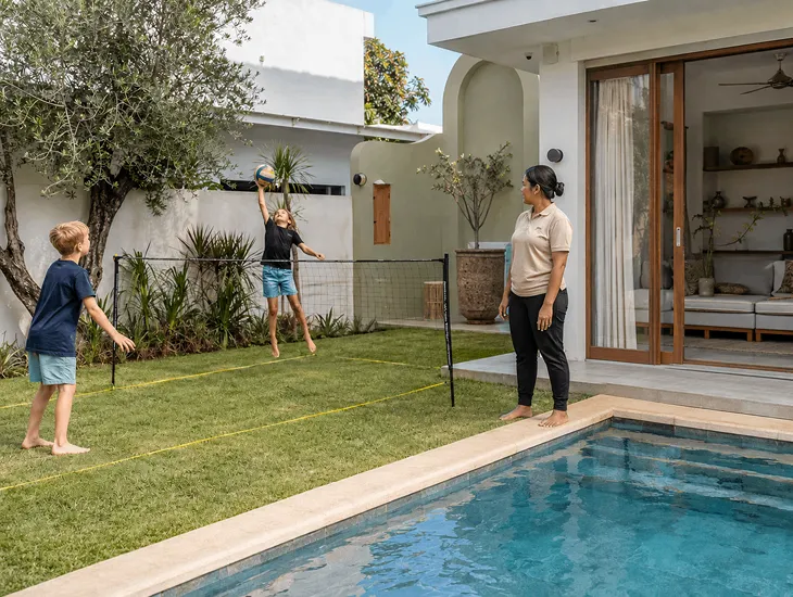 Babysitter in Bali 2026 – Caregiver supervising pool safety and garden play for young kids