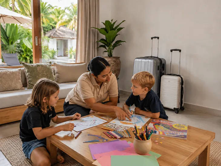 Babysitter in Bali 2026 – Babysitter guiding children through an engaging arts and crafts session