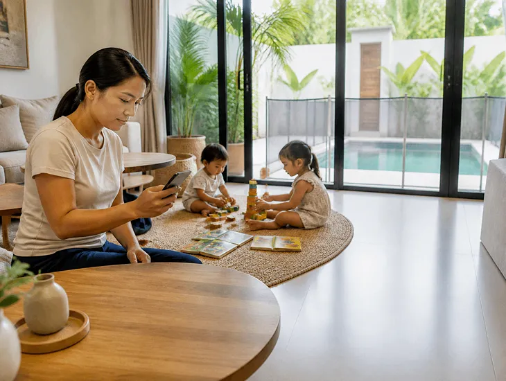 Babysitter in Bali 2026 – Professional caregiver checking in with parents using a secure messaging app