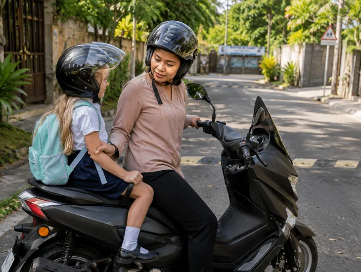 School Commute Safety Tips in Bali 2026 – Caregiver supervising a child safely secured in a motorbike