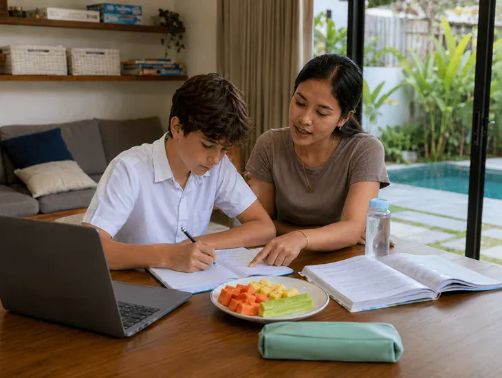 Bali Childcare Services 2026 – Babysitter supervising homework with an expat student in a villa