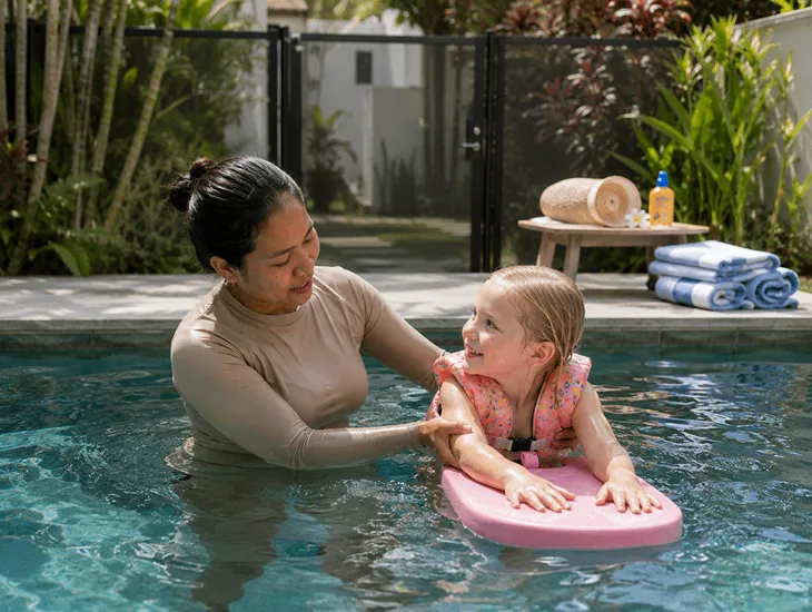 Bali Childcare Standards 2026 – Caregiver checking pool safety gates in a private residential villa