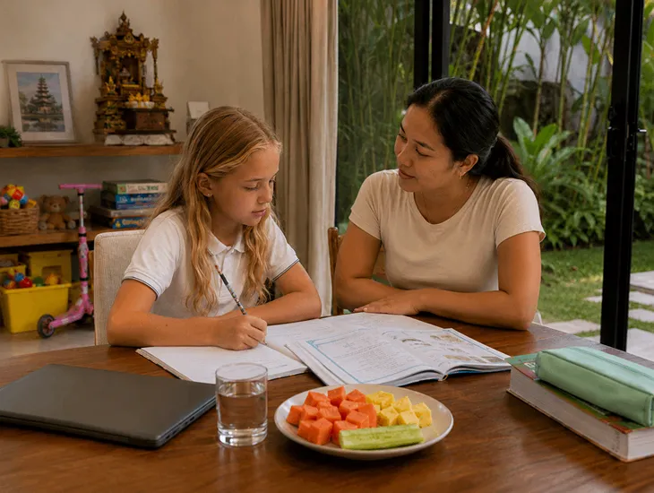 Bali Childcare Services 2026 – Babysitter explaining local cultural traditions to an expat child