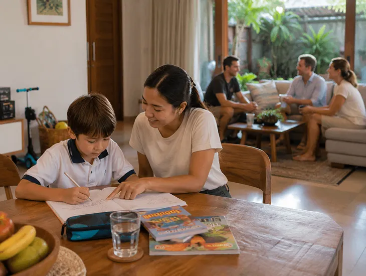 Professional Babysitter in Bali 2026 – Caregiver supervising homework to free up parent time