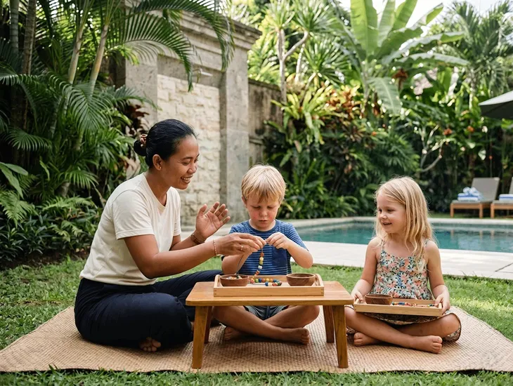 Kindergarten Readiness Assessment in Bali 2026 - Professional caregiver assisting child with fine motor practice in local villa garden