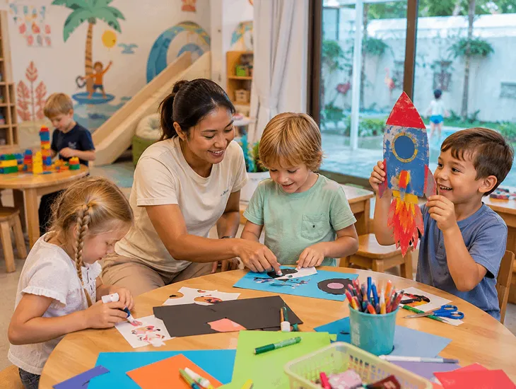 Childcare Services in Bali 2026 – Babysitter guiding children through an engaging arts and crafts
