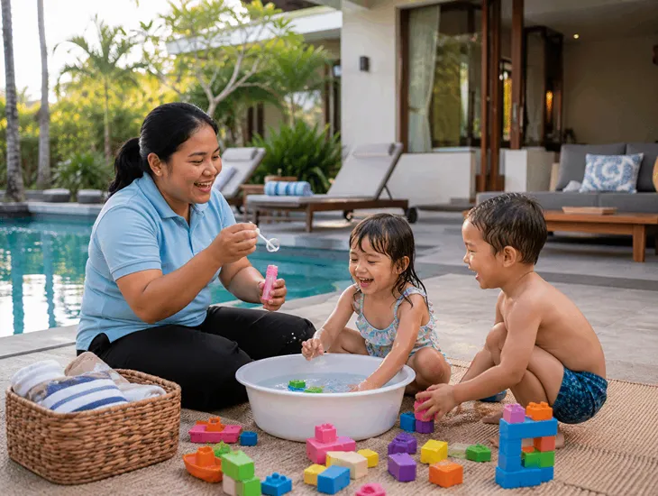 Family Travel with Sitter in Bali 2026 – Professional babysitter helping a family relax at a villa