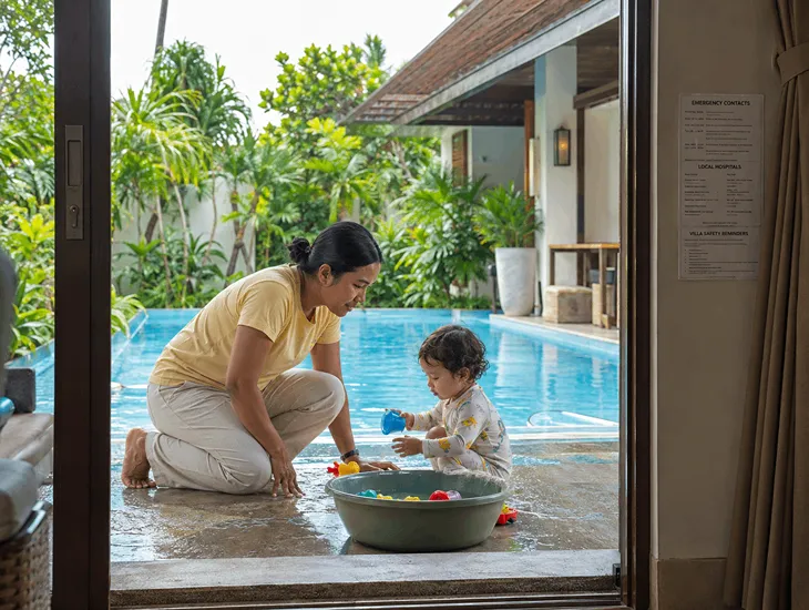 Family Travel with Sitter in Bali 2026 – Babysitter in Bali monitoring a toddler playing safely near a pool
