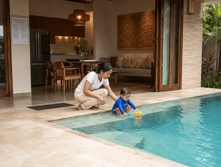 Pool Safety for Kids in Bali 2026 – Professional babysitter supervising children near a secure swimming pool villa