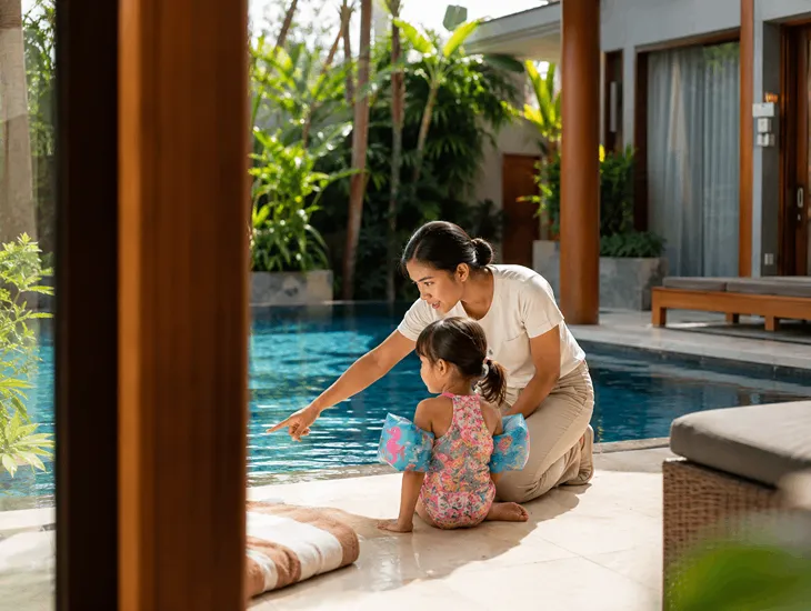 Pool Safety for Kids in Bali 2026 – Certified babysitter teaching water safety skills near a residential villa pool