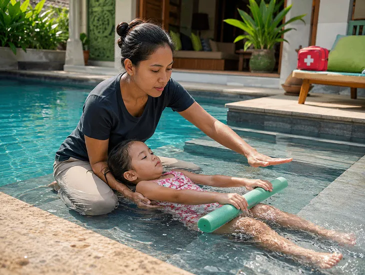 Pool Safety for Kids in Bali 2026 – Professional babysitter with first aid kit by a fenced swimming pool
