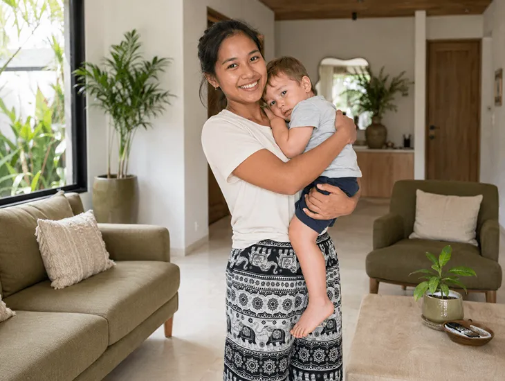 Finding Summer Babysitters in Bali 2026 – Professional caregiver comforting a toddler in a modern villa