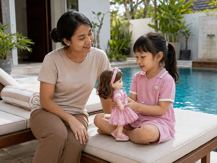 Finding Summer Babysitters in Bali 2026 – Babysitter in Bali monitoring a toddler playing safely near a pool