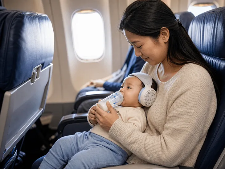 Soothing a Crying Baby on a Plane 2026 – Expert caregiver demonstrating ear pressure relief techniques