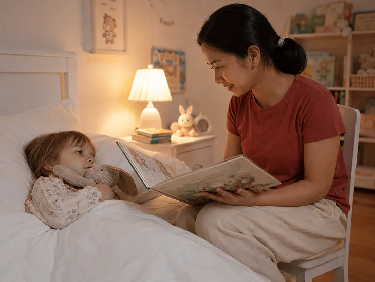 Sleep Training with Your Babysitter 2026 – Babysitter reading a calming bedtime story to a toddler