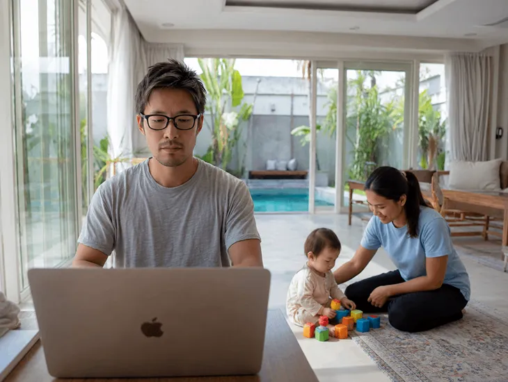 Working from Home with Kids 2026 – Professional parent using laptop while toddler plays safely near home office