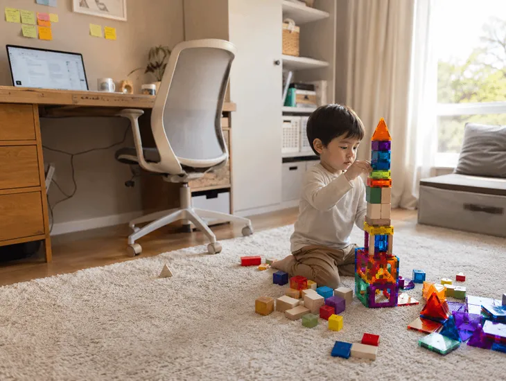 Working from Home with Kids 2026 – Young boy stacking colorful blocks silently near home office